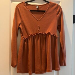 SHEIN Rust V-Neck Ruffle Blouse